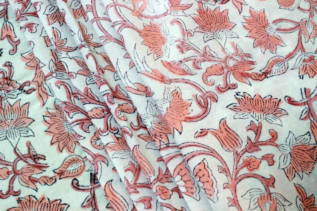 Peach & White Block Print Linen Fabric: Mughal Floral Design