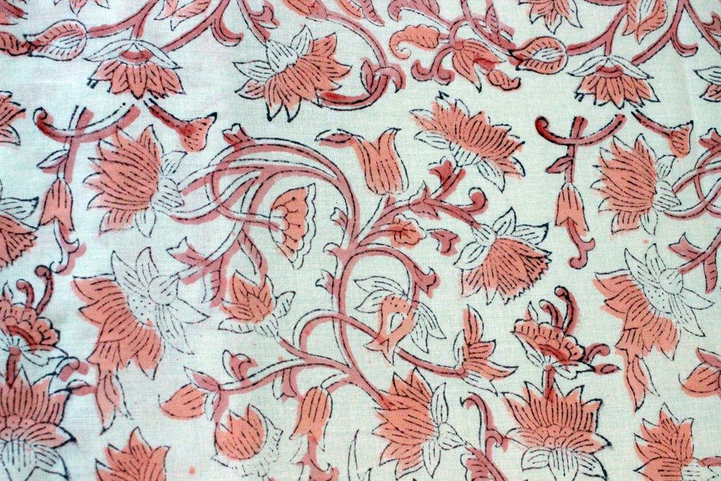 Peach & White Block Print Linen Fabric: Mughal Floral Design