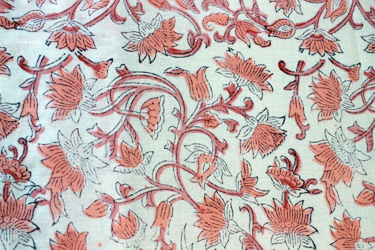 Peach & White Block Print Linen Fabric: Mughal Floral Design