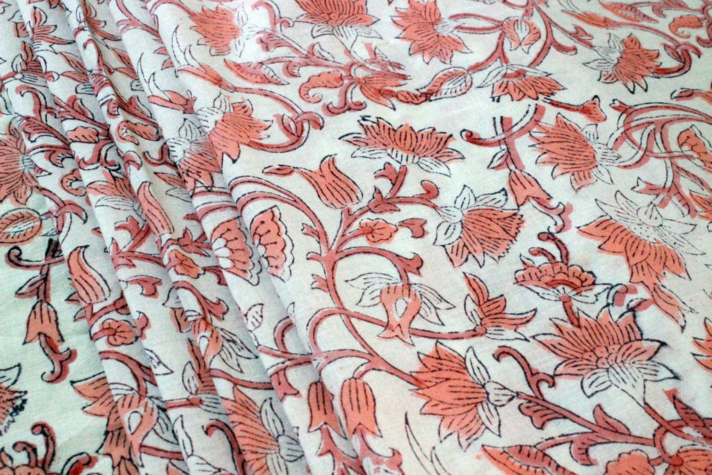 Peach & White Block Print Linen Fabric: Mughal Floral Design