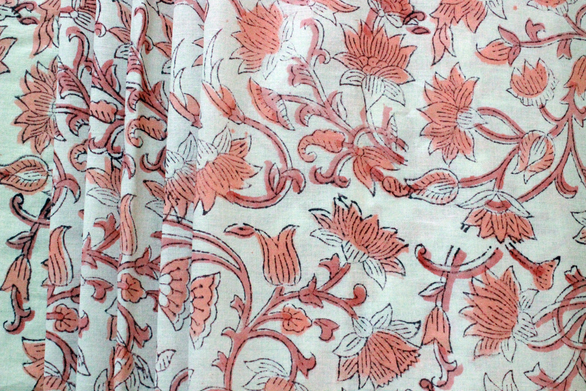 Peach & White Block Print Linen Fabric: Mughal Floral Design