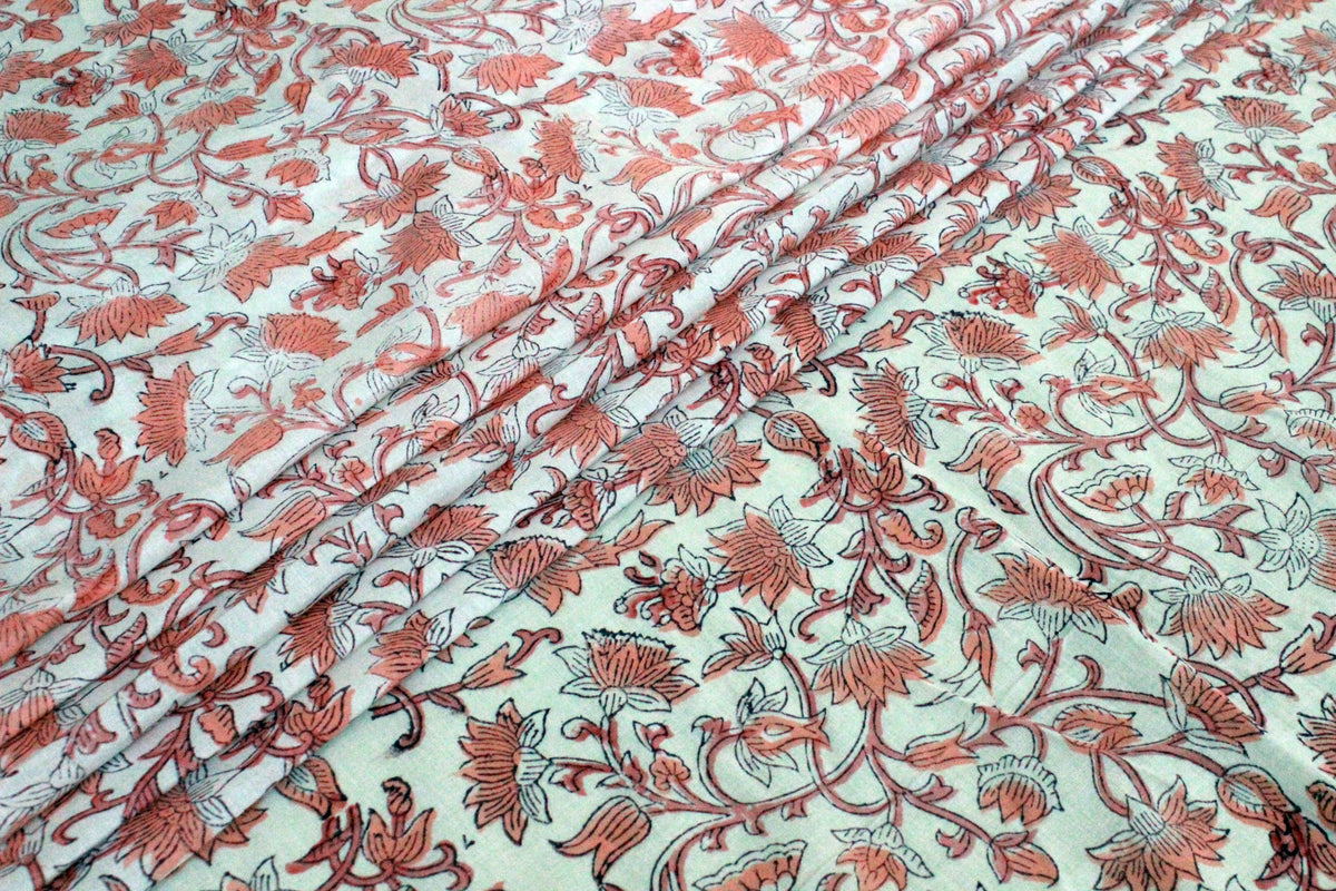 Peach & White Block Print Linen Fabric: Mughal Floral Design