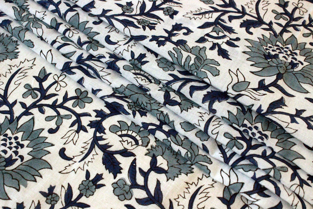 Hand Block Print Cotton Fabric: Blue Floral Mughal Design