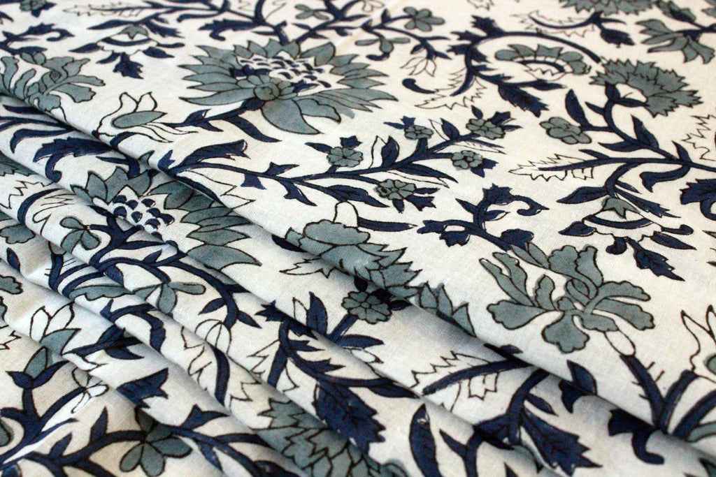 Hand Block Print Cotton Fabric: Blue Floral Mughal Design