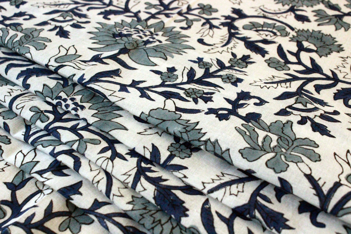 Hand Block Print Cotton Fabric: Blue Floral Mughal Design