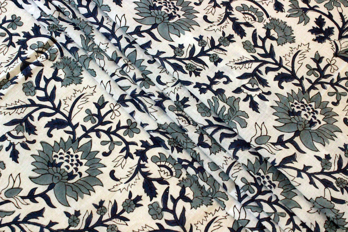 Hand Block Print Cotton Fabric: Blue Floral Mughal Design