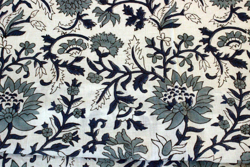 Hand Block Print Cotton Fabric: Blue Floral Mughal Design