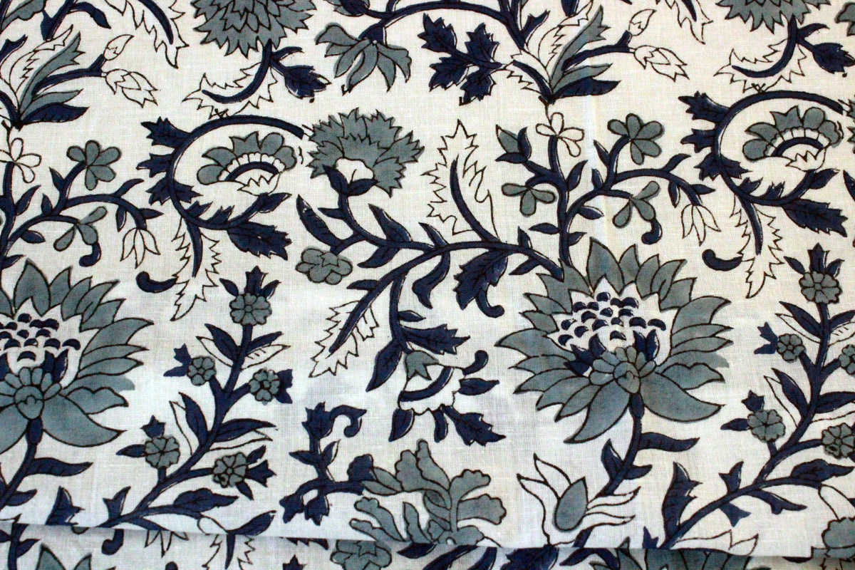 Hand Block Print Cotton Fabric: Blue Floral Mughal Design