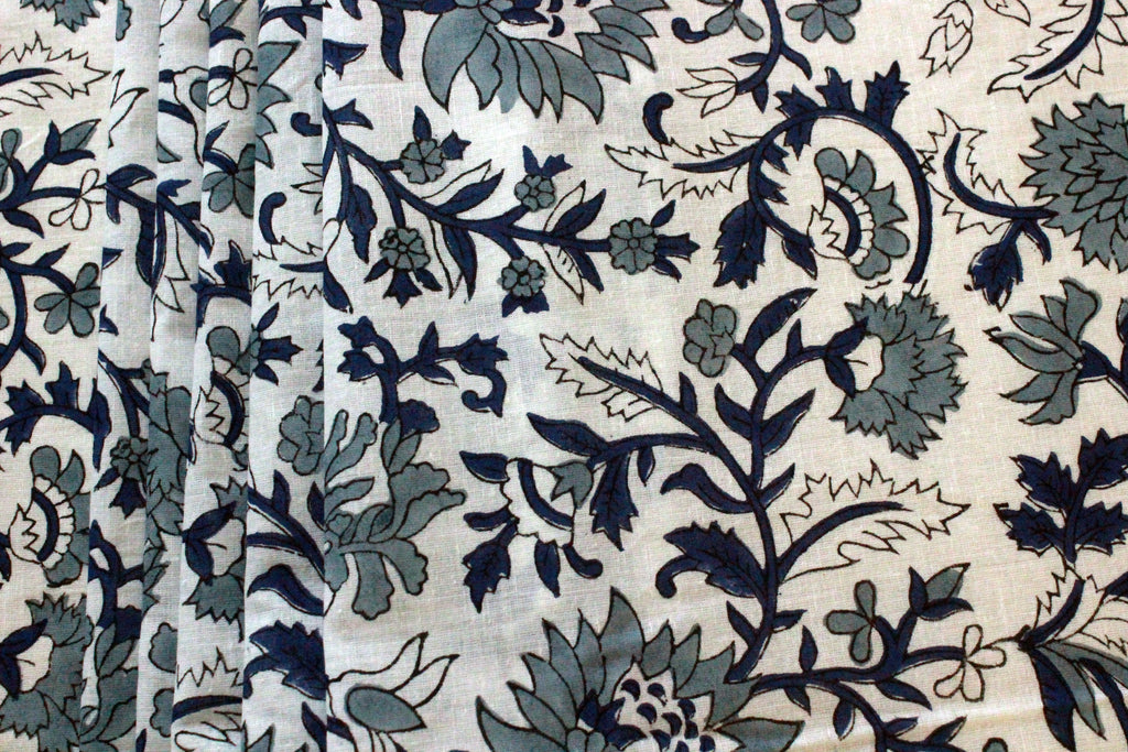 Hand Block Print Cotton Fabric: Blue Floral Mughal Design