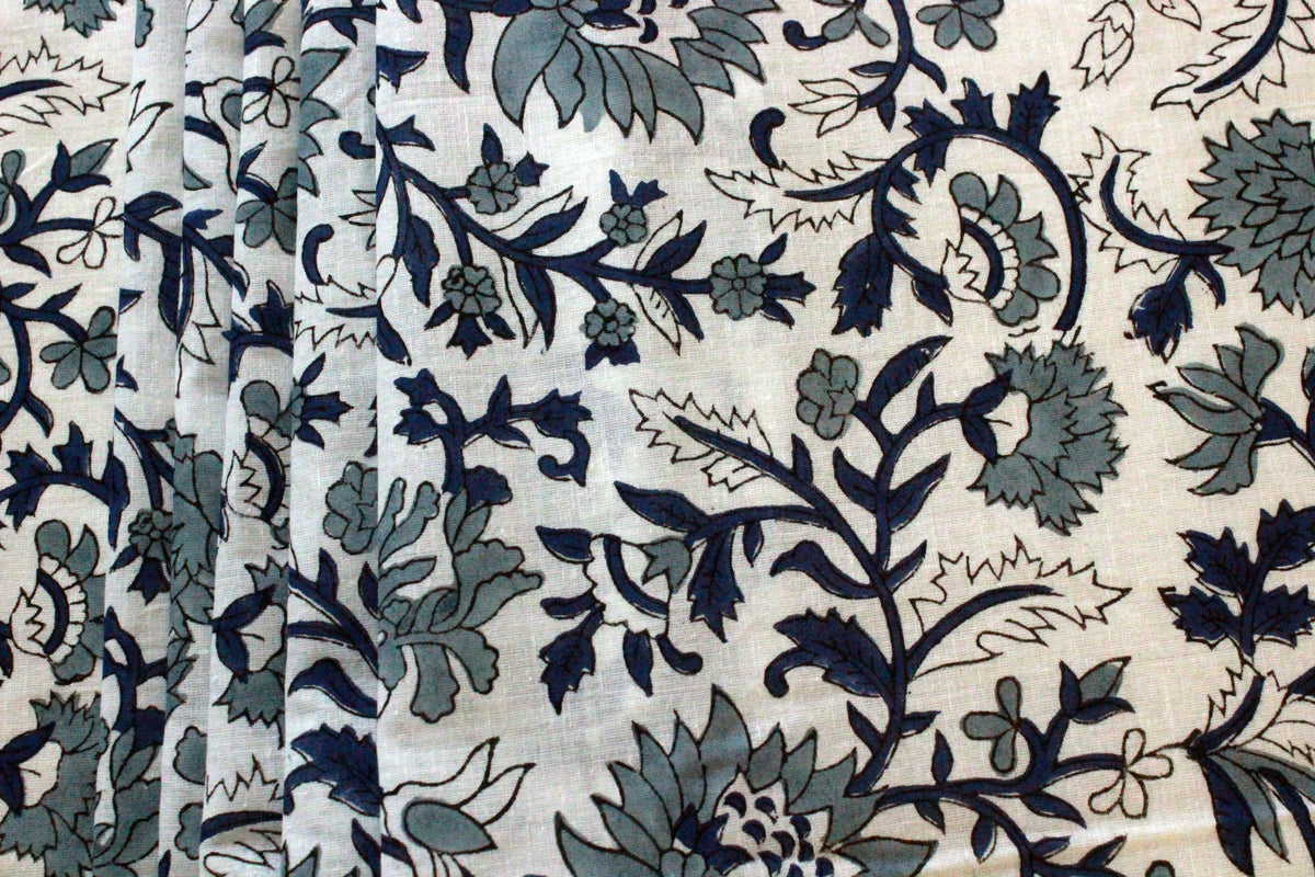 Hand Block Print Cotton Fabric: Blue Floral Mughal Design