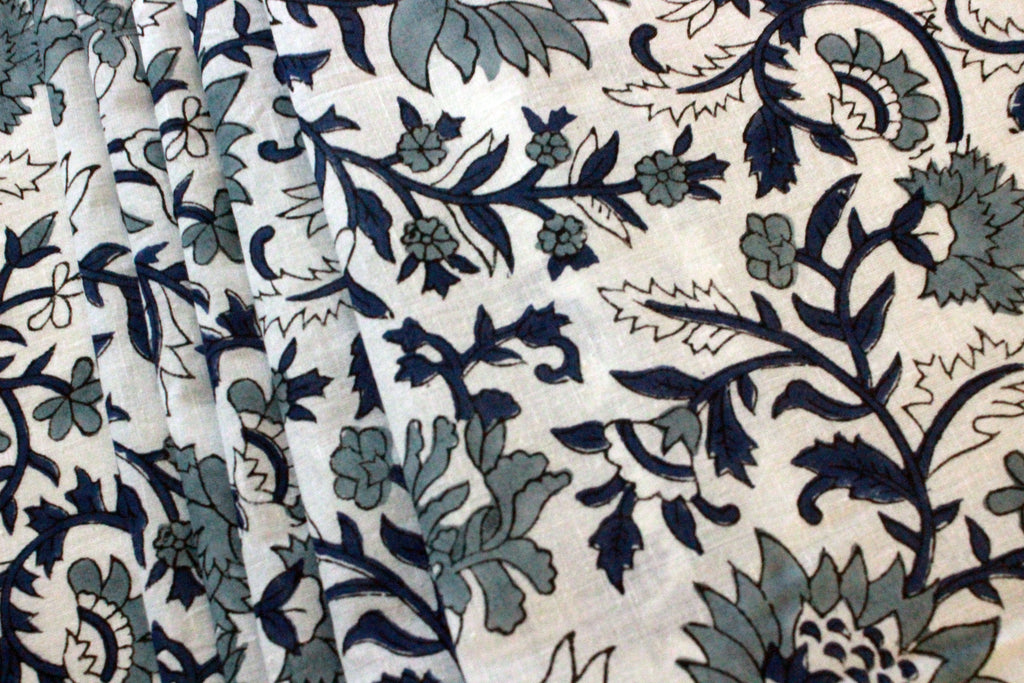 Hand Block Print Cotton Fabric: Blue Floral Mughal Design