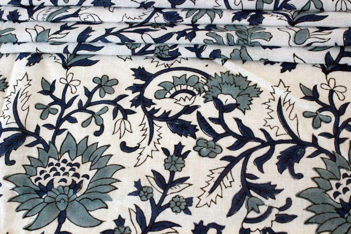 Hand Block Print Cotton Fabric: Blue Floral Mughal Design