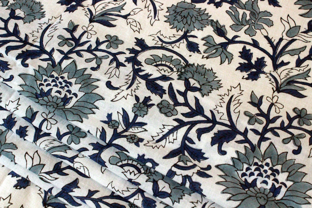 Hand Block Print Cotton Fabric: Blue Floral Mughal Design