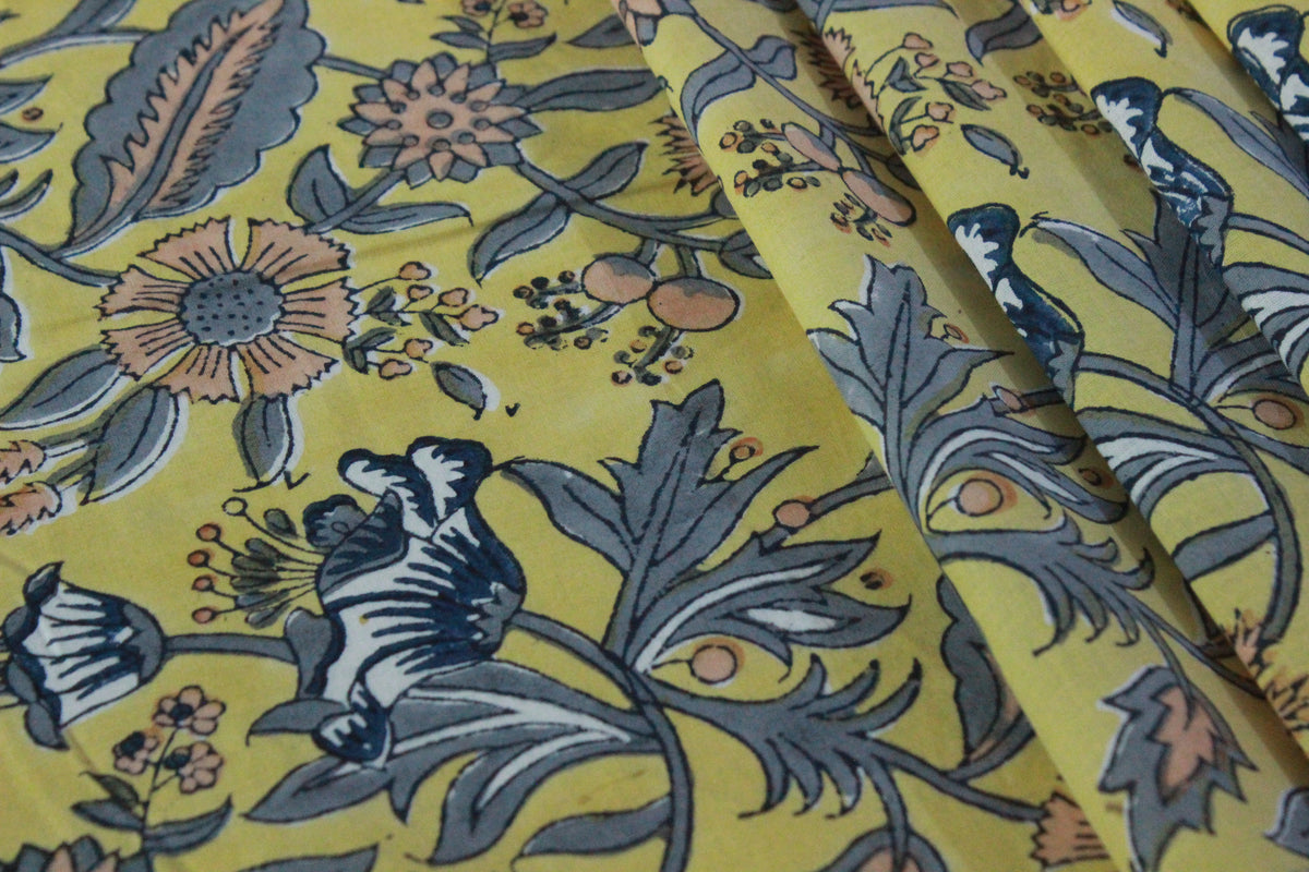 Mughal Floral Print Cotton Fabric: Indian Hand Block Print