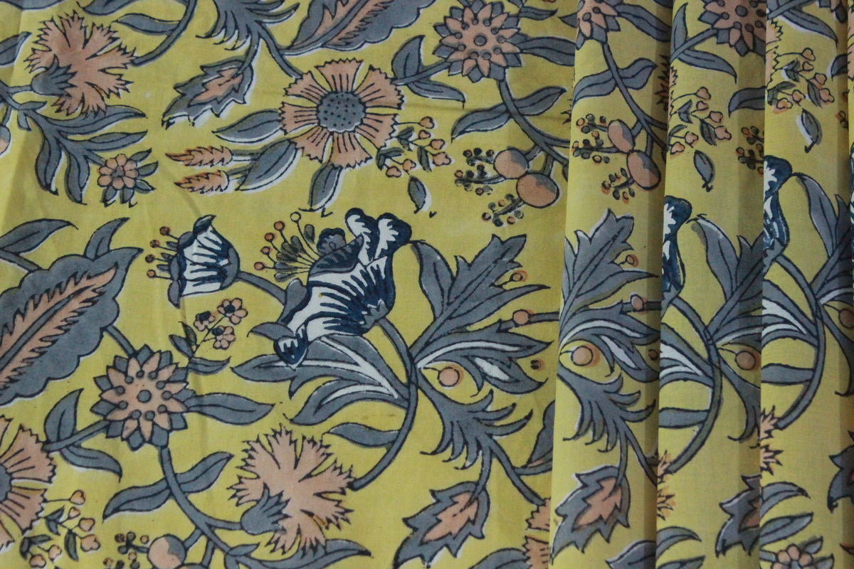 Mughal Floral Print Cotton Fabric: Indian Hand Block Print