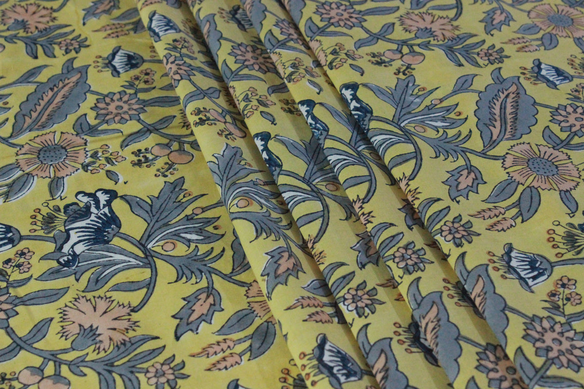 Mughal Floral Print Cotton Fabric: Indian Hand Block Print