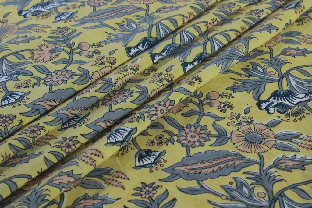 Mughal Floral Print Cotton Fabric: Indian Hand Block Print