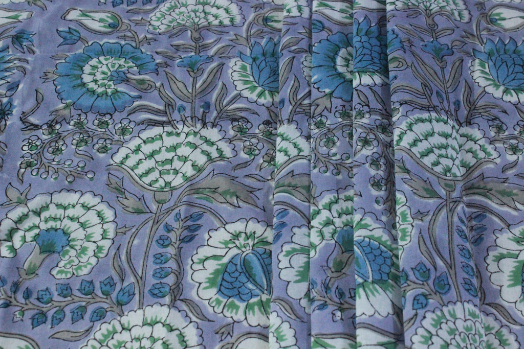 Hand Block Print Cotton Fabric: Purple & Blue Floral, Indian Textile
