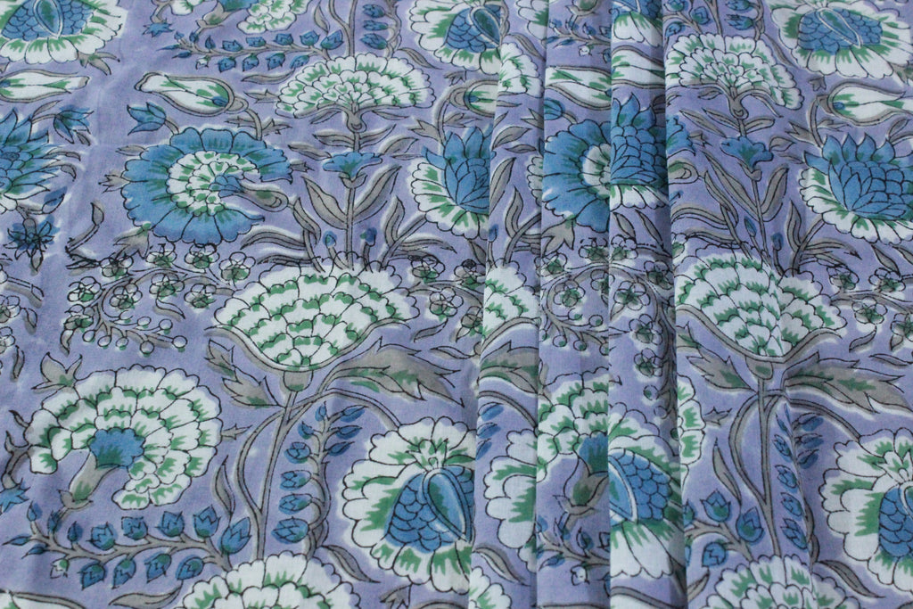 Hand Block Print Cotton Fabric: Purple & Blue Floral, Indian Textile