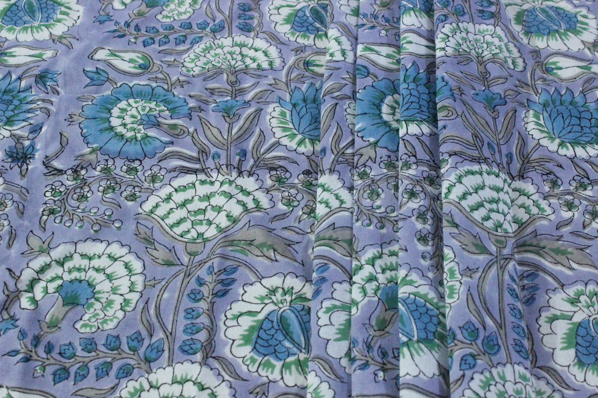 Hand Block Print Cotton Fabric: Purple & Blue Floral, Indian Textile