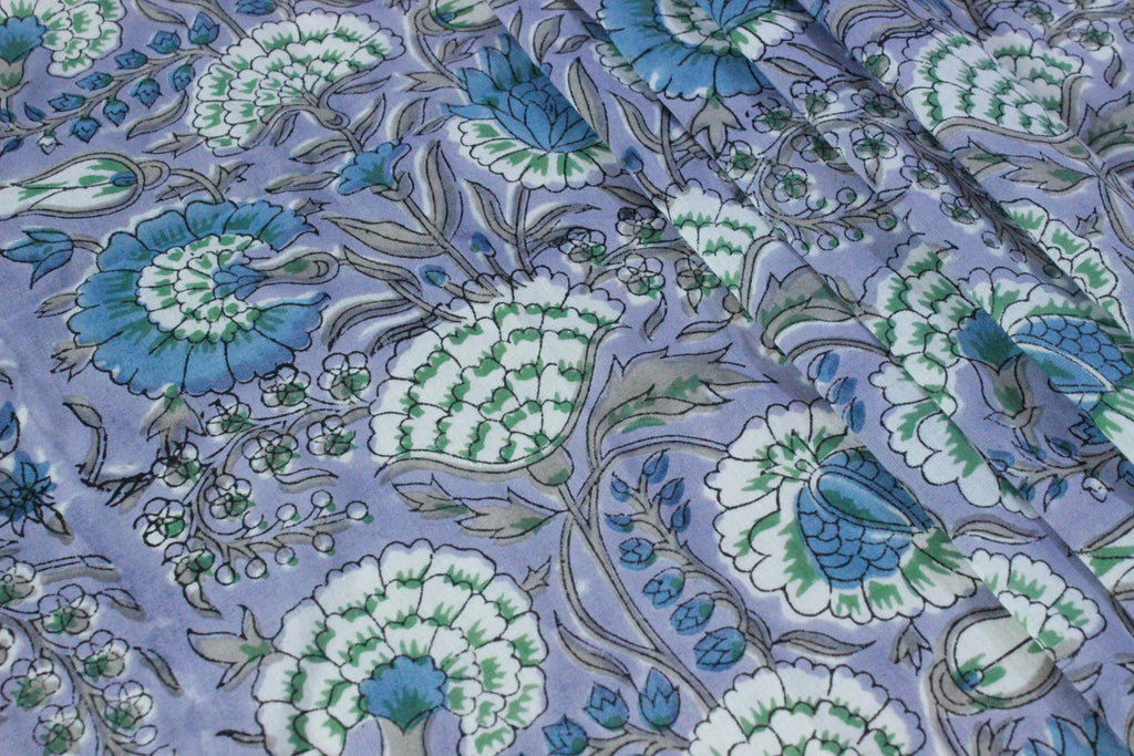 Hand Block Print Cotton Fabric: Purple & Blue Floral, Indian Textile