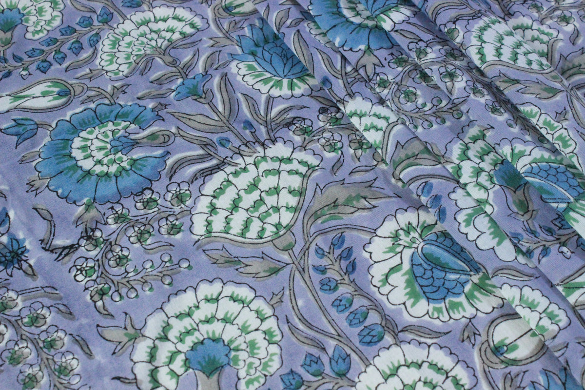 Hand Block Print Cotton Fabric: Purple & Blue Floral, Indian Textile