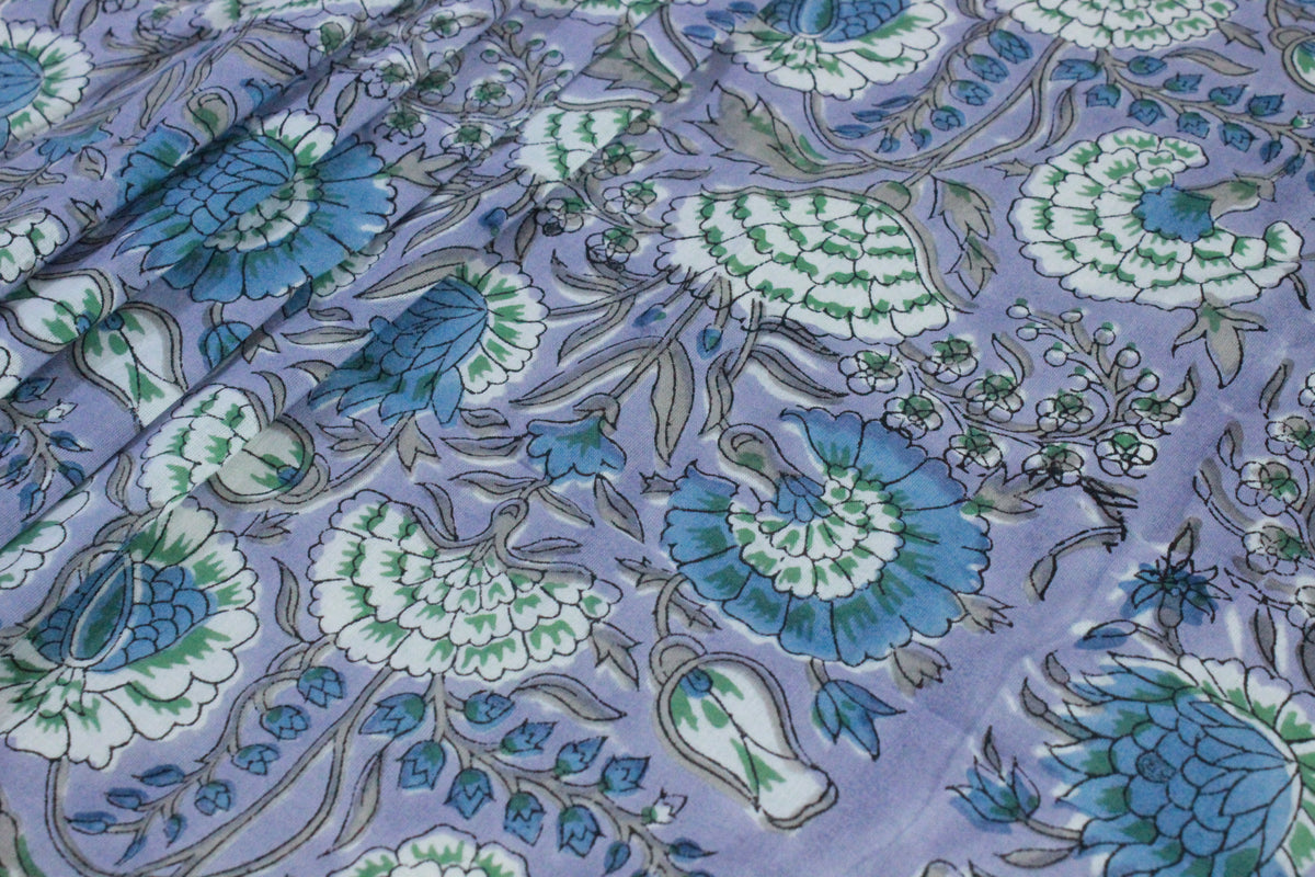 Hand Block Print Cotton Fabric: Purple & Blue Floral, Indian Textile