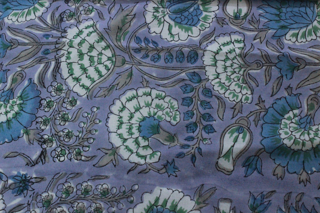 Hand Block Print Cotton Fabric: Purple & Blue Floral, Indian Textile