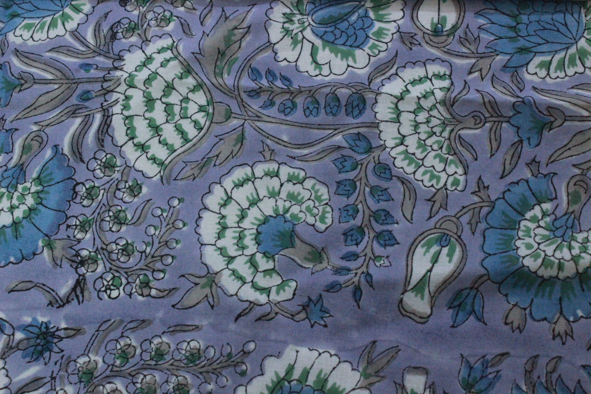 Hand Block Print Cotton Fabric: Purple & Blue Floral, Indian Textile