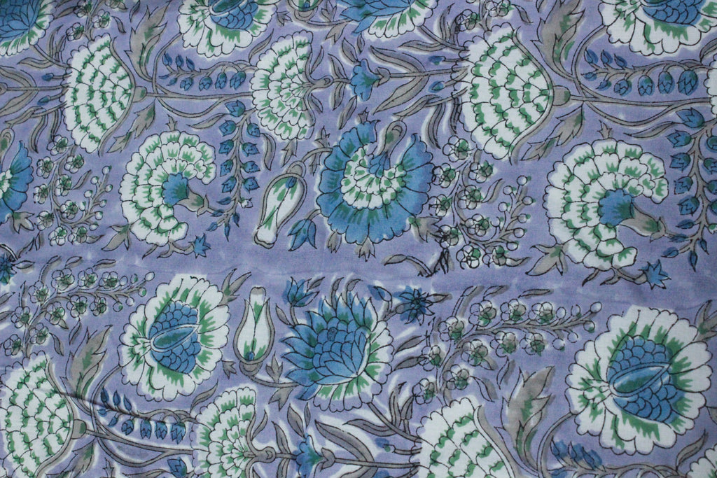 Hand Block Print Cotton Fabric: Purple & Blue Floral, Indian Textile