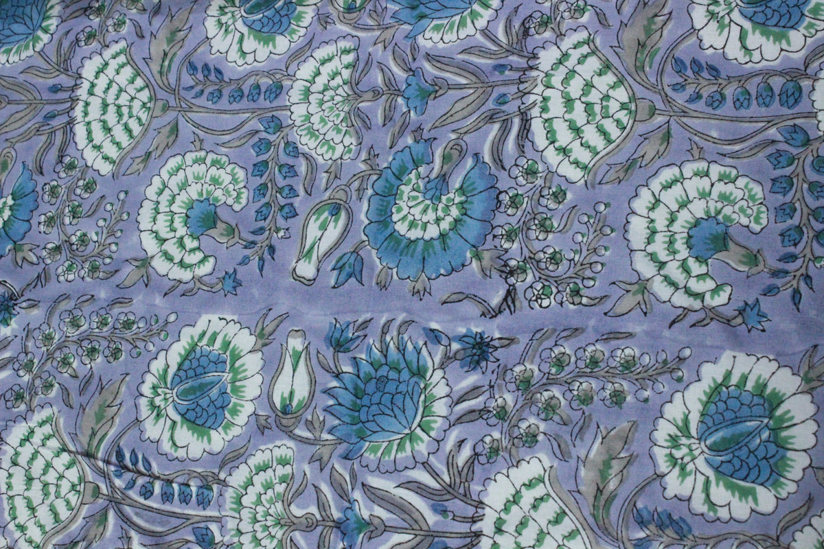 Hand Block Print Cotton Fabric: Purple & Blue Floral, Indian Textile