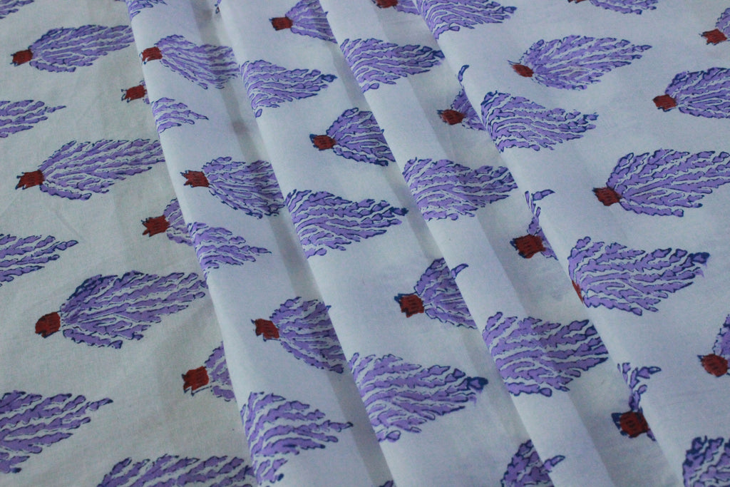 Mughal Print Cotton Fabric: Purple Floral Blockprint, Indian Sewing Fabric