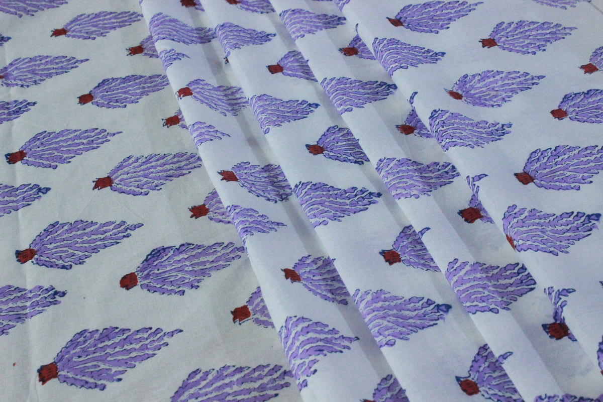 Mughal Print Cotton Fabric: Purple Floral Blockprint, Indian Sewing Fabric