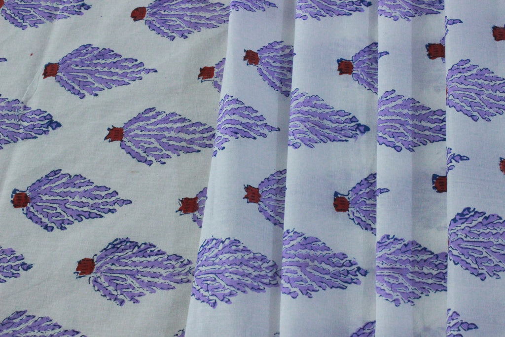 Mughal Print Cotton Fabric: Purple Floral Blockprint, Indian Sewing Fabric