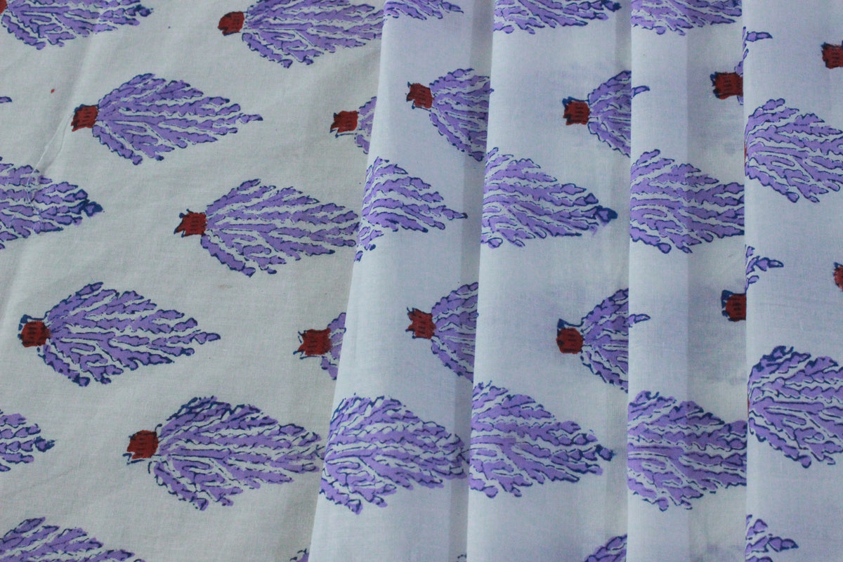 Mughal Print Cotton Fabric: Purple Floral Blockprint, Indian Sewing Fabric