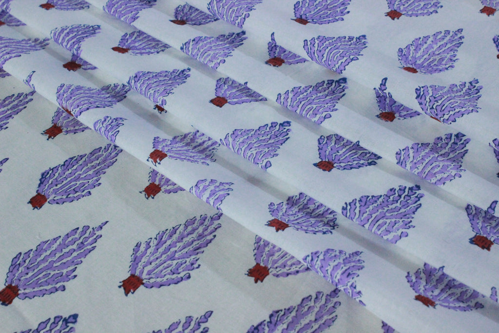 Mughal Print Cotton Fabric: Purple Floral Blockprint, Indian Sewing Fabric