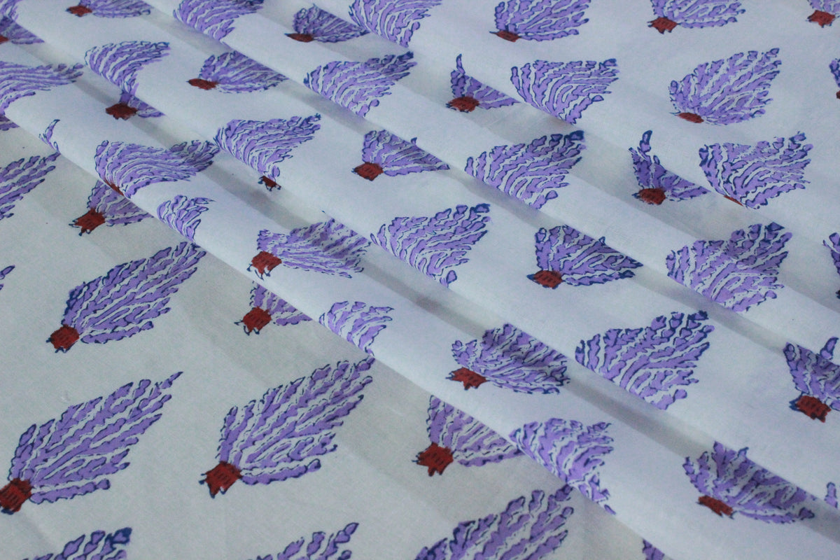 Mughal Print Cotton Fabric: Purple Floral Blockprint, Indian Sewing Fabric