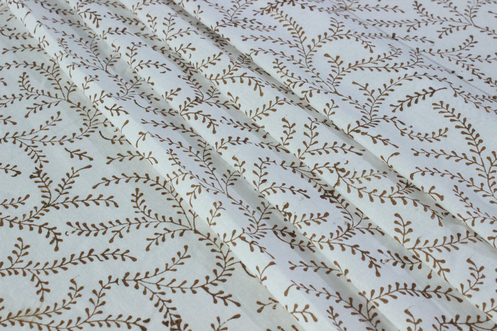 Floral Block Print Cotton Fabric: Brown Vine Handstamped Indian Fabric