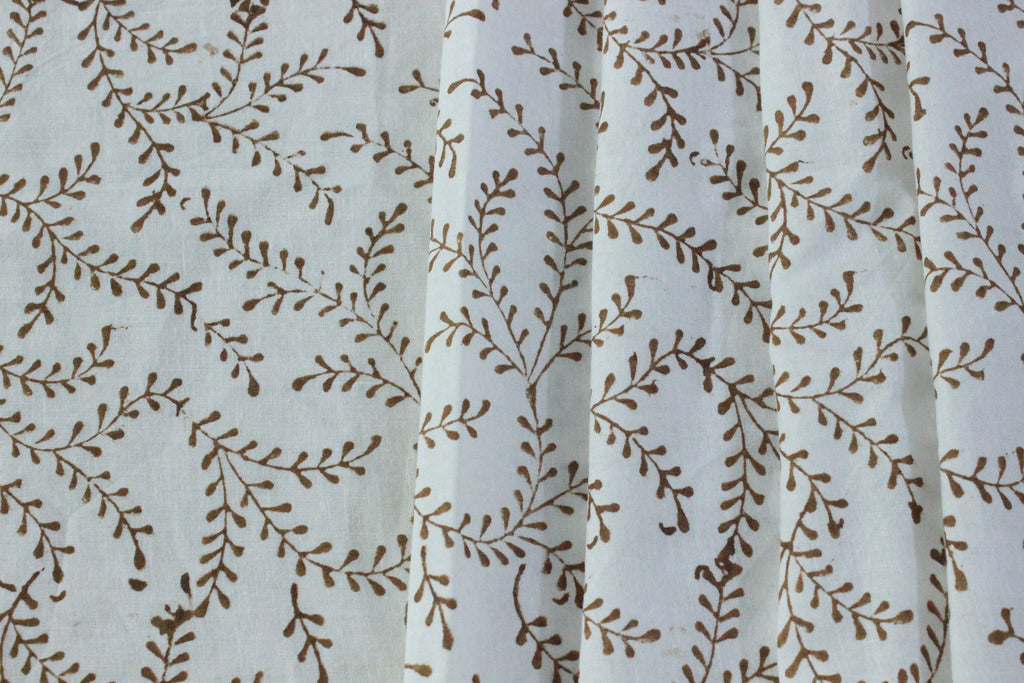 Floral Block Print Cotton Fabric: Brown Vine Handstamped Indian Fabric
