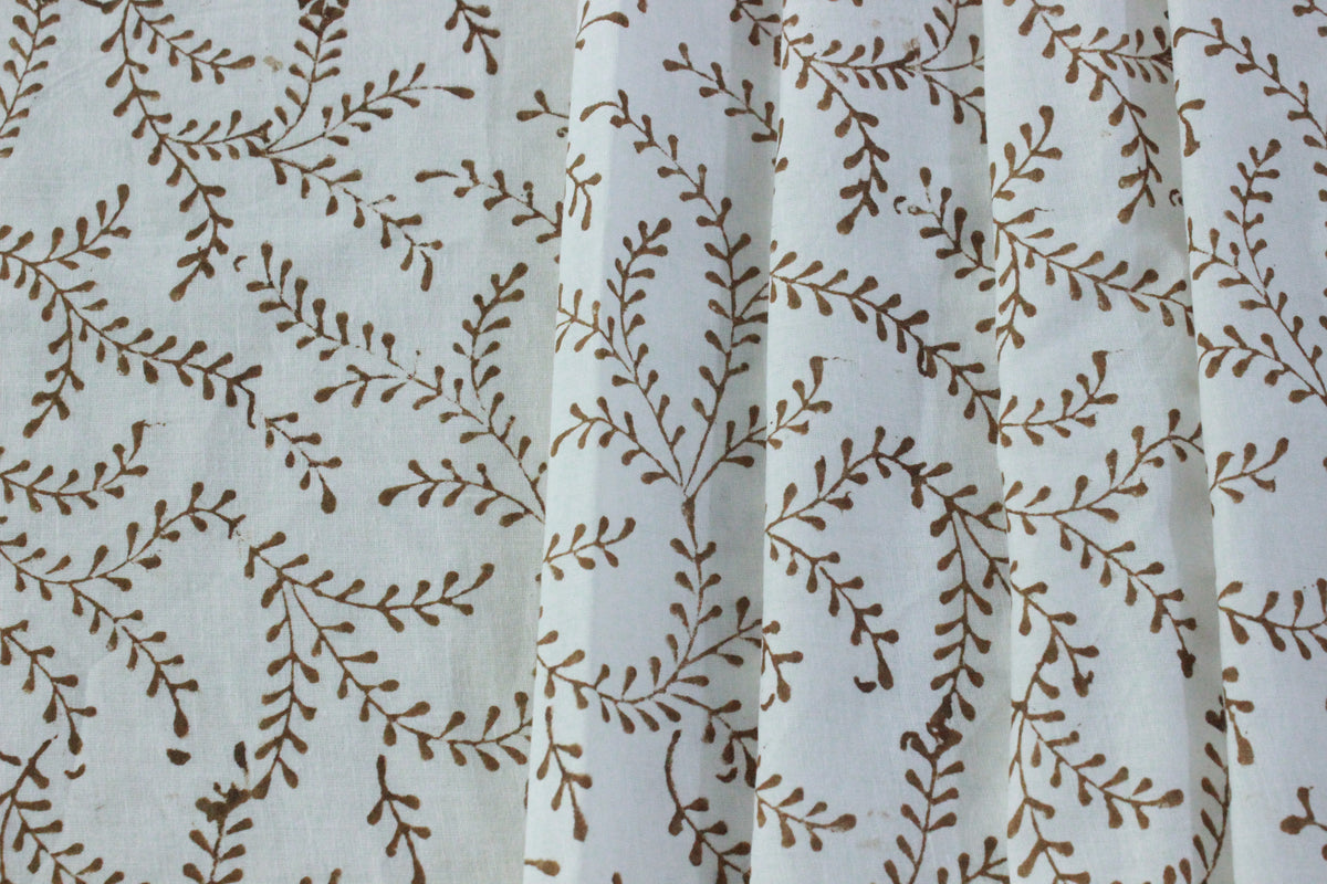 Floral Block Print Cotton Fabric: Brown Vine Handstamped Indian Fabric