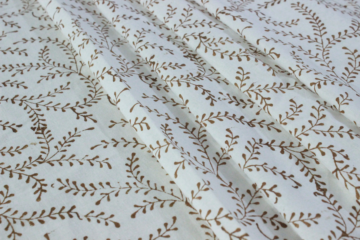 Floral Block Print Cotton Fabric: Brown Vine Handstamped Indian Fabric