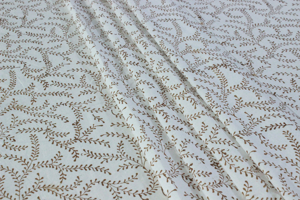 Floral Block Print Cotton Fabric: Brown Vine Handstamped Indian Fabric