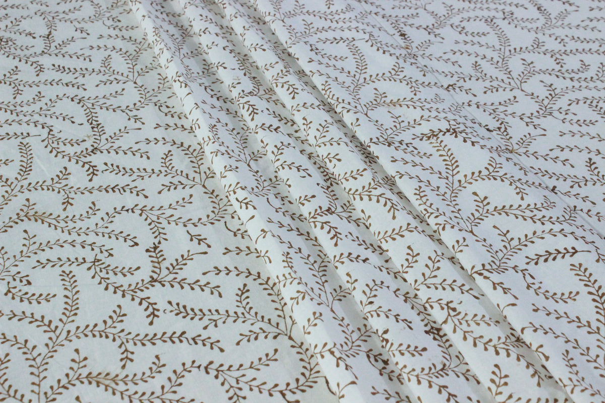 Floral Block Print Cotton Fabric: Brown Vine Handstamped Indian Fabric