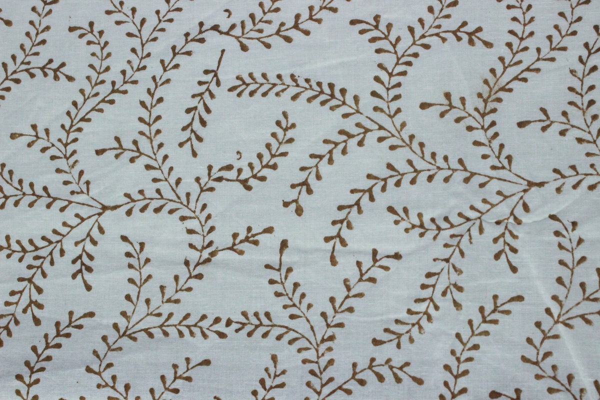 Floral Block Print Cotton Fabric: Brown Vine Handstamped Indian Fabric