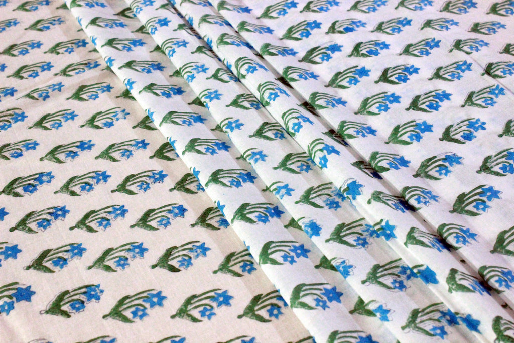 Mughal Print Cotton Fabric: Blue Floral Blockprint, Handstamped