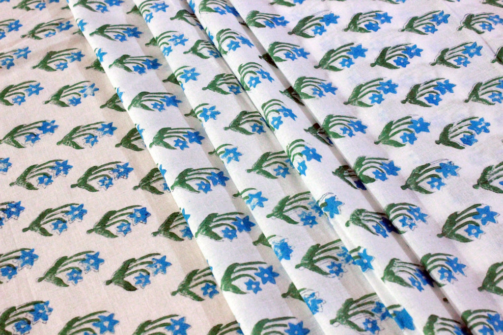 Mughal Print Cotton Fabric: Blue Floral Blockprint, Handstamped