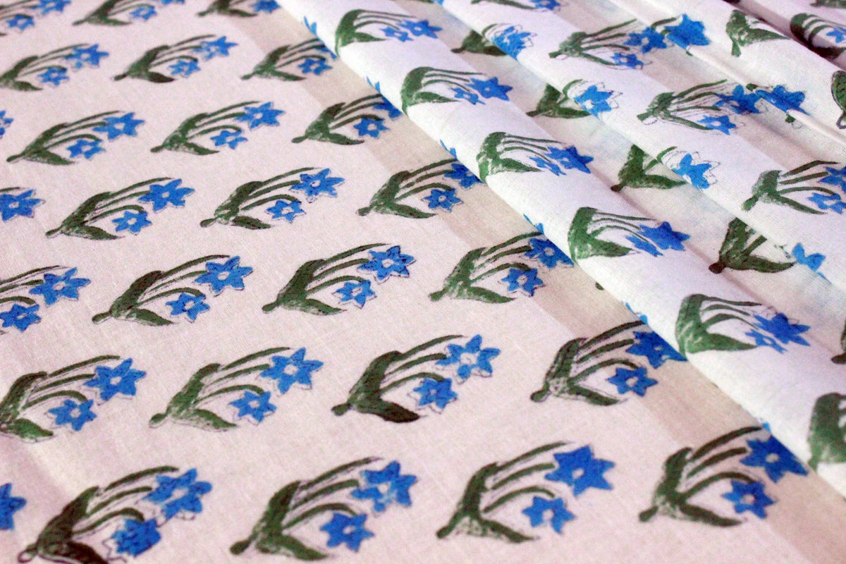 Mughal Print Cotton Fabric: Blue Floral Blockprint, Handstamped