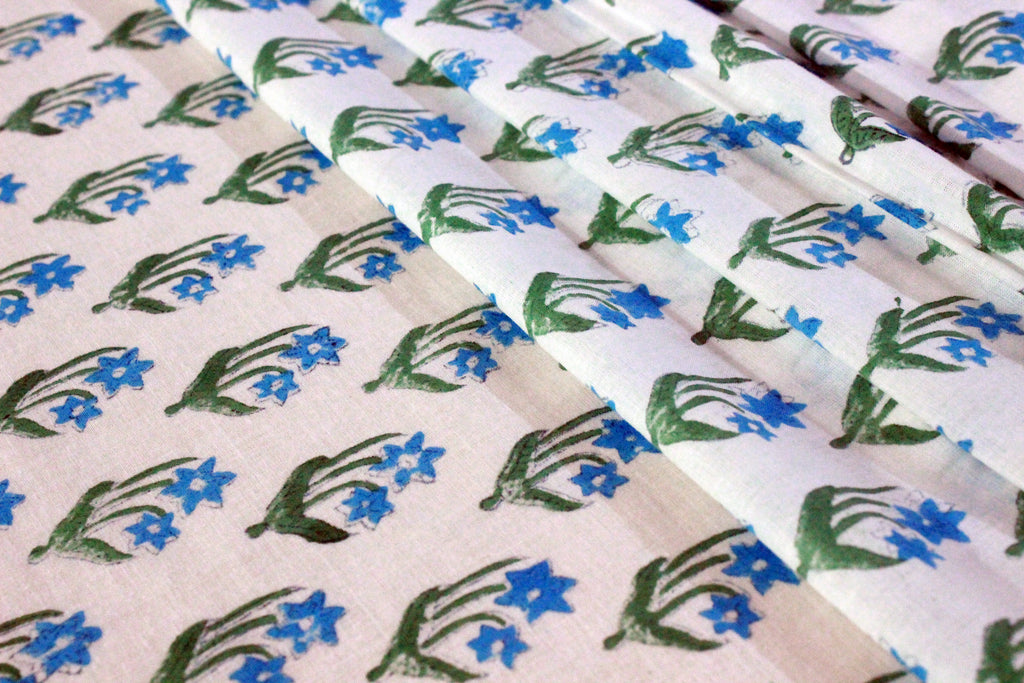 Mughal Print Cotton Fabric: Blue Floral Blockprint, Handstamped