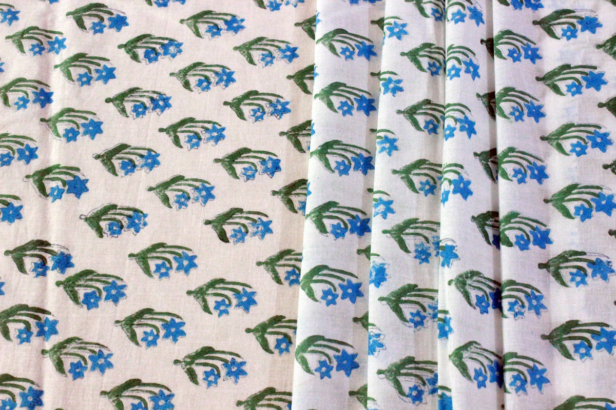 Mughal Print Cotton Fabric: Blue Floral Blockprint, Handstamped