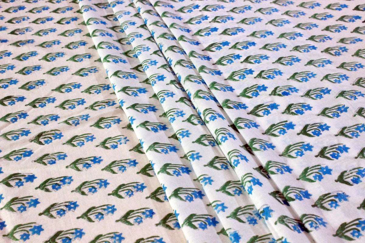 Mughal Print Cotton Fabric: Blue Floral Blockprint, Handstamped